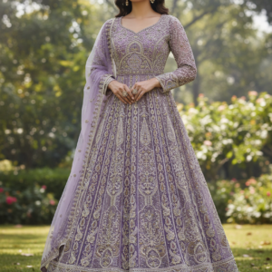 Lavender Heavily Embroidered Front-Cut Indo-Western Suit